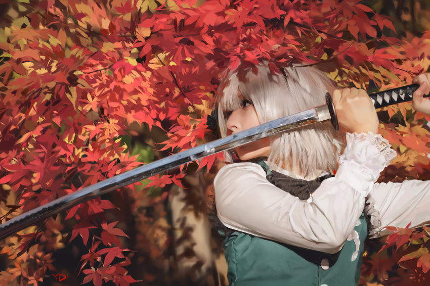 autumn bow close gray_hair katana konpaku_youmu leaves realistic shirt short_hair signed sword touhou weapon yang-do