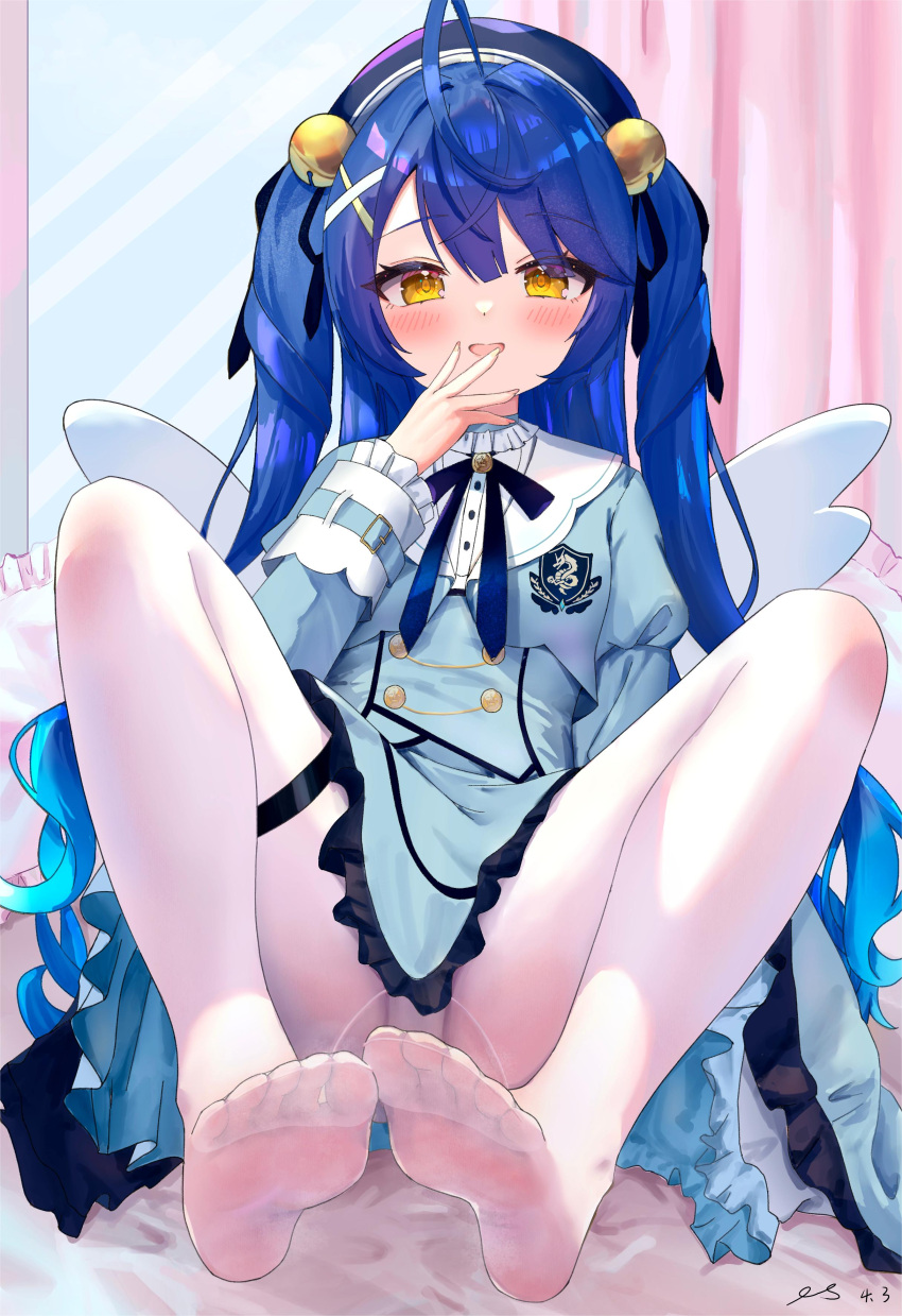 1girl absurdres ahoge amamiya_kokoro amamiya_kokoro_(1st_costume) bell blue_corset blue_dress blue_hair blush chris_preston corset dress feet frills hair_bell hair_ornament hat highres indoors jingle_bell long_hair looking_at_viewer mini_wings nijisanji no_shoes open_mouth panties pantyhose puffy_sleeves ribbon smile soles solo toes underwear virtual_youtuber white_panties white_pantyhose wings x_hair_ornament yellow_eyes