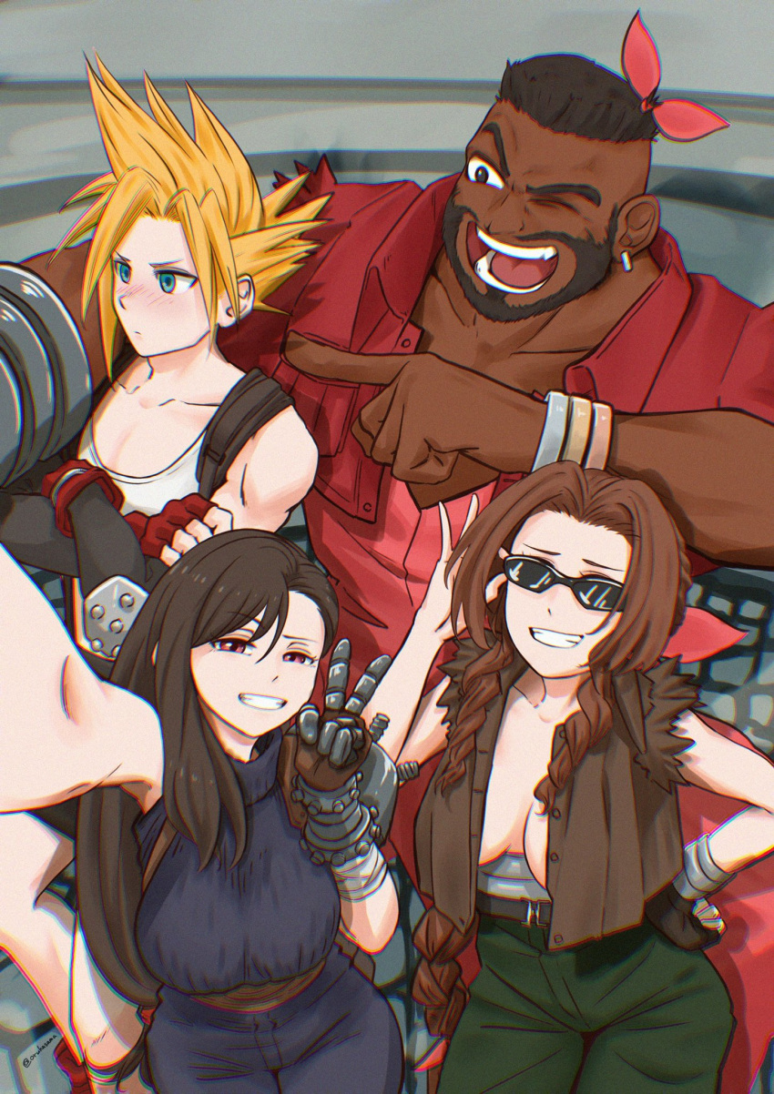 2boys 2girls aerith_gainsborough aerith_gainsborough_(cosplay) barret_wallace barret_wallace_(cosplay) cloud_strife cloud_strife_(cosplay) cosplay crossdressing dark-skinned_male dark_skin final_fantasy final_fantasy_vii fingerless_gloves gloves highres laughing multiple_boys multiple_girls no_bra pointing single_glove sleeveless sleeveless_turtleneck sunglasses suspenders tifa_lockhart tifa_lockhart_(cosplay) turtleneck vest wolkat