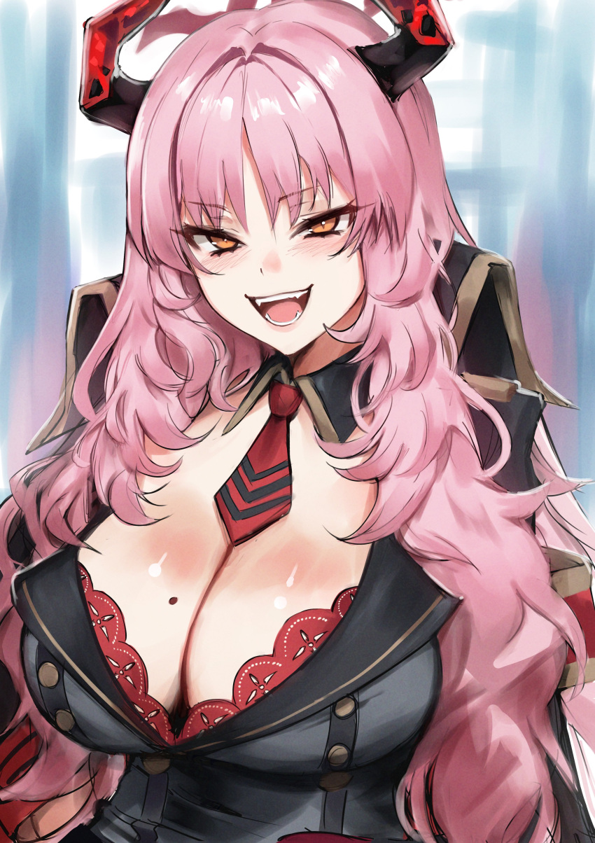 1girl absurdres adamosina blue_archive bra bra_peek breasts cleavage demon_horns gloves halo highres horns large_breasts long_hair looking_at_viewer mole mole_on_breast necktie open_mouth pink_hair red_bra red_necktie satsuki_(blue_archive) smile solo underwear