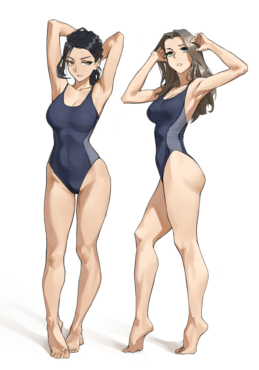 2girls absurdres armpits arms_behind_head arms_up bare_arms bare_legs bare_shoulders barefoot black_hair blue_one-piece_swimsuit breasts brown_eyes brown_hair cleavage competition_swimsuit covered_navel feet full_body green_eyes highleg highleg_swimsuit highres large_breasts long_hair looking_at_viewer looking_up multiple_girls one-piece_swimsuit original parted_lips shadow simple_background standing swimsuit tbocart tiptoes toes white_background