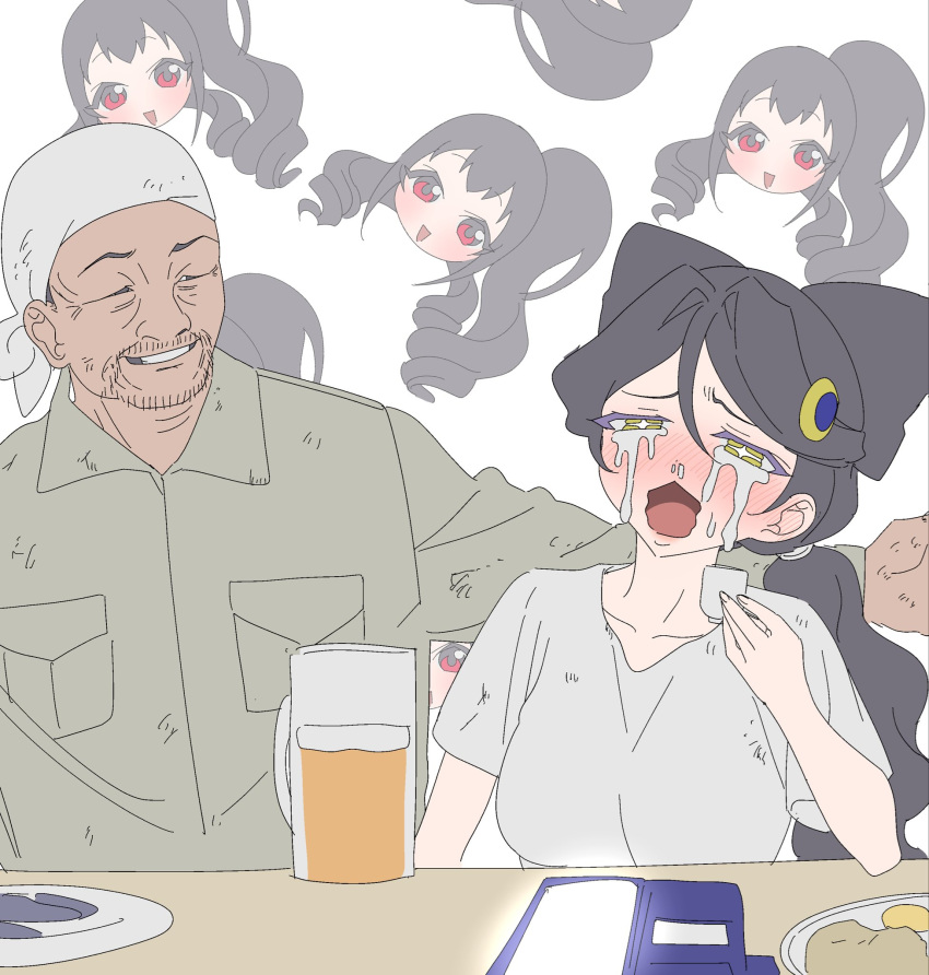 +_+ 1boy 1girl alcohol anchiki_shou bad_id bad_twitter_id beer_mug black_hair blush breasts chibi chibi_inset collared_shirt commentary_request crescent crescent_hair_ornament crying crying_with_eyes_open cup dirty dirty_clothes drunk grey_shirt hair_intakes hair_ornament headdress highres holding holding_cup kagayaki_eve kiratto_pri_chan large_breasts long_hair long_sleeves looking_at_another looking_at_viewer low_ponytail luluna_(pri_chan) mug nose_blush old old_man open_mouth plate pretty_series red_eyes sakazuki shirt smile snot table tears upper_body wavy_hair white_background yellow_eyes