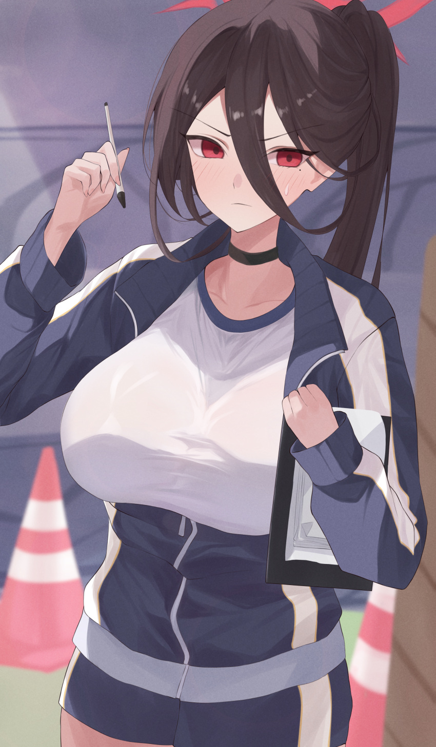 1girl absurdres black_choker black_hair black_shorts blue_archive blush breasts choker closed_mouth collarbone cowboy_shot fingernails gym_shirt gym_shorts gym_uniform halo hasumi_(blue_archive) hasumi_(track)_(blue_archive) highres holding holding_pen huge_breasts jacket long_hair long_sleeves mole mole_under_eye nvem8738 official_alternate_costume official_alternate_hairstyle open_clothes open_jacket pen ponytail red_eyes red_halo shirt shorts solo track_jacket very_long_hair white_shirt