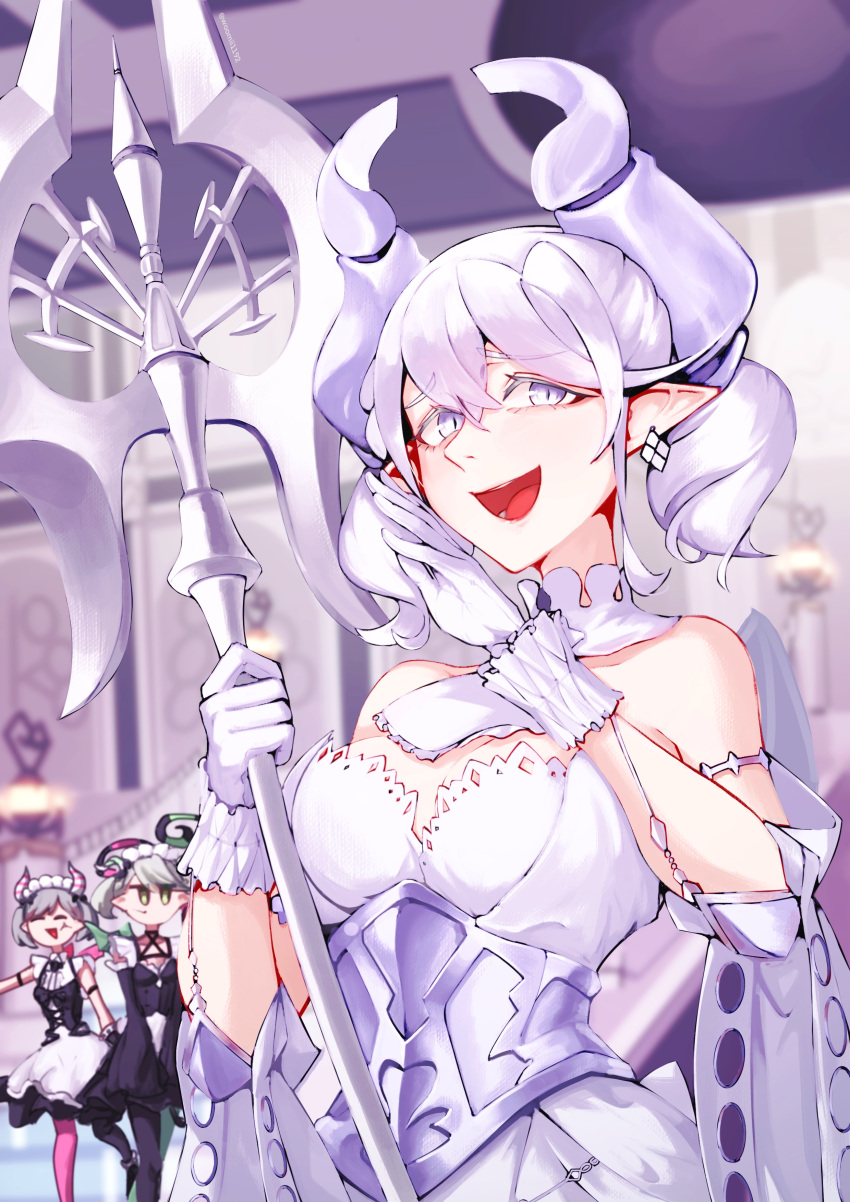 absurdres arianna_the_labrynth_servant arianne_the_labrynth_servant breasts cleavage closed_eyes demon_girl demon_horns demon_wings dress duel_monster gloves green_eyes grey_eyes grey_hair highres holding holding_polearm holding_weapon horns large_breasts lovely_labrynth_of_the_silver_castle low_wings maid_headdress mammemmi multiple_girls pointy_ears polearm twintails weapon wings yu-gi-oh!