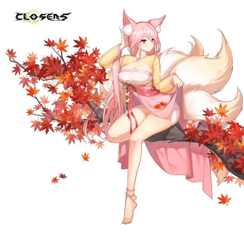 1girl adjusting_hair alternate_hair_color animal_ear_fluff animal_ears autumn_leaves barefoot branch breasts bright_pupils cleavage cleavage_cutout closed_mouth closers clothing_cutout dress falling_leaves fingernails fox_ears fox_girl fox_tail full_body hand_up highres kitsune kyuubi large_breasts layered_dress leaf long_fingernails long_hair long_sleeves looking_to_the_side low_ponytail maple_leaf mirae_(closers) multiple_tails official_art on_branch pink_dress pink_hair pinky_out red_eyes see-through see-through_sleeves short_dress sitting sitting_on_branch skirt_hold solo tail two-tone_dress white_background white_pupils yellow_dress yellow_sleeves yellow_tail