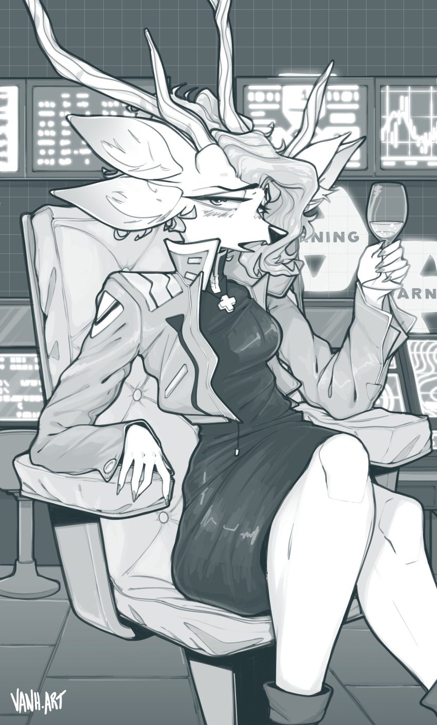 absurd_res alcohol anthro antlers beverage biped breasts clothed clothing costume crossed_legs deer detailed_background dress female fully_clothed fur greyscale hair hi_res holding_object horn jacket looking_at_viewer mammal misato_katsuragi monochrome neon_genesis_evangelion open_mouth sitting solo theavanherst topwear vahn_(theavanherst)