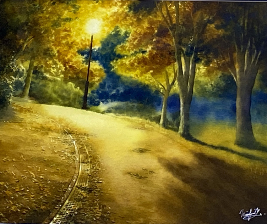 alley bush dark grass highres lamppost night night_sky no_humans original painting_(medium) park path plant scenery shadow sky traditional_media tree watercolor_(medium) yu_grassbird