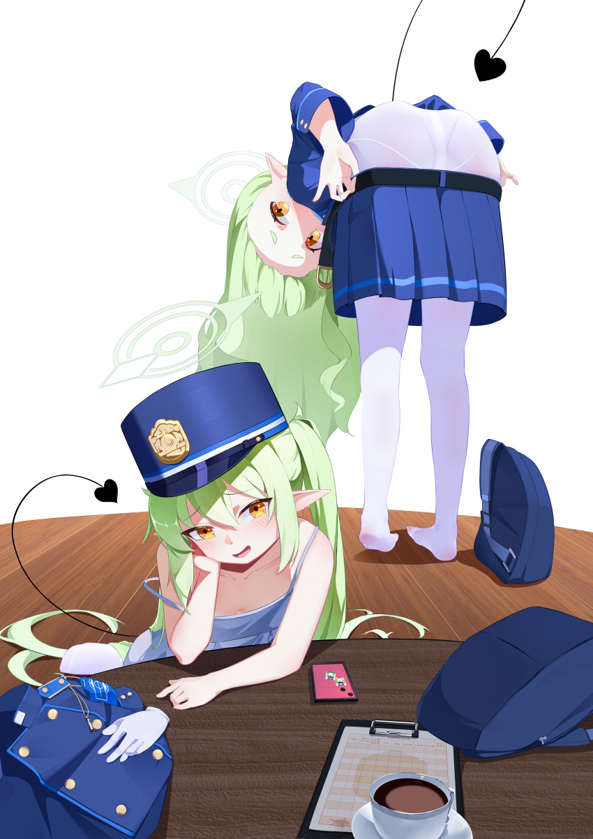 2girls absurdres backpack bag bent_over blue_archive blue_hat blue_jacket blue_skirt cellphone chinese_commentary clipboard coffee coffee_cup collarbone commentary_request cup demon_tail disposable_cup feet flat_chest forehead gloves green_hair halo highlander_sidelocks_conductor_(blue_archive) highlander_twintails_conductor_(blue_archive) highres jacket light_blush long_hair looking_at_viewer mitsukage_three multiple_girls open_mouth orange_eyes panties panties_under_pantyhose pantyhose phone pleated_skirt pointy_ears sitting skirt smartphone smile standing table tail tail_raised tank_top toes underwear undressing unworn_backpack unworn_bag unworn_gloves unworn_jacket very_long_hair white_gloves white_panties white_pantyhose white_tank_top wooden_floor wooden_table