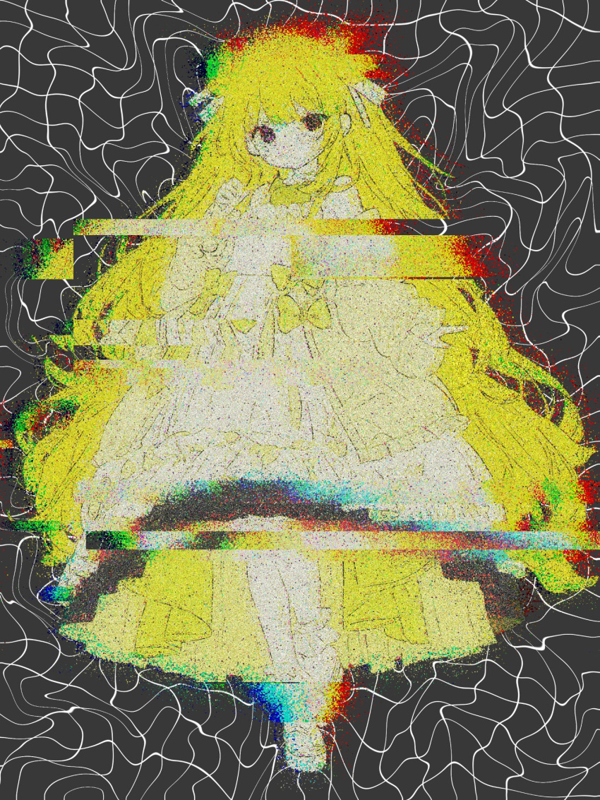 1girl black_eyes blonde_hair dress empty_eyes full_body glitch grey_background highres long_hair looking_at_viewer mochu_(aoishikabane) original simple_background solo standing standing_on_one_leg very_long_hair yellow_dress
