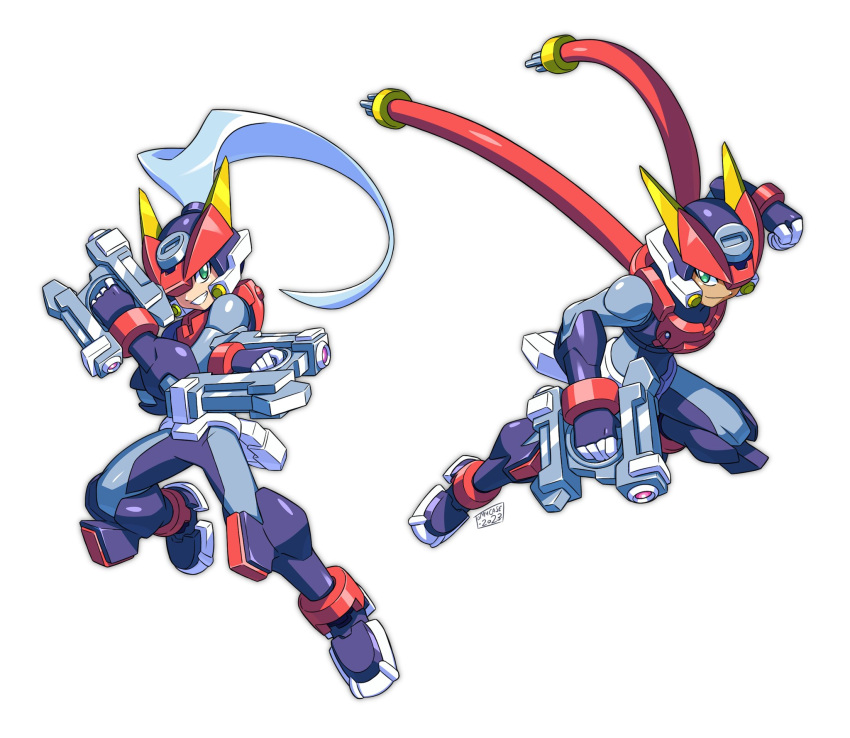 1boy 1girl armor ashe_(mega_man) blue_hair bodysuit dual_wielding energy_gun green_eyes grey_(mega_man) grey_hair gun handgun helmet high_ponytail highres holding holding_gun holding_weapon horns long_hair mega_man_(series) mega_man_zx mega_man_zx_advent model_a_(mega_man) power_armor simple_background tomycase weapon white_background