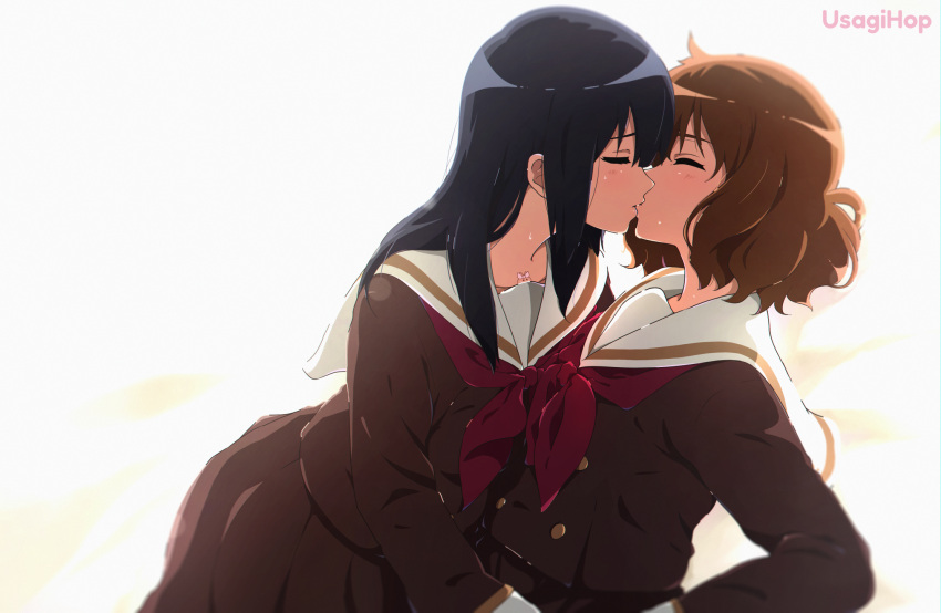 2girls artist_name backlighting black_hair blush brown_hair brown_serafuku brown_shirt brown_skirt closed_eyes hair_between_eyes hibike!_euphonium highres kiss kitauji_high_school_uniform kousaka_reina long_hair medium_hair multiple_girls neckerchief oumae_kumiko pleated_skirt red_neckerchief sailor_collar school_uniform serafuku shirt sidelocks skirt usagihop watermark white_sailor_collar yuri