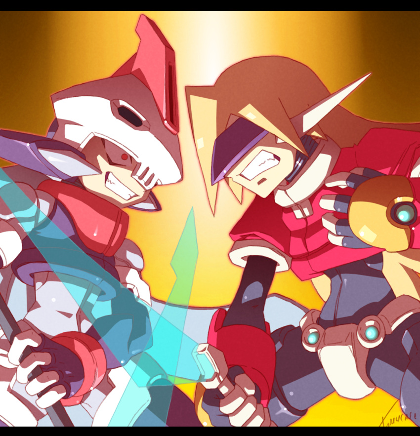 2boys aqua_hair armor black_bodysuit blonde_hair bodysuit bodysuit_under_clothes clenched_teeth crop_top cropped_jacket crotch_plate dilated_pupils energy_blade energy_sword fighting girouette_(mega_man) gradient_background grin highres holding holding_blade holding_scythe holding_sword holding_weapon long_hair male_focus mega_man_(series) mega_man_zx model_w_(mega_man) model_z_(mega_man) multiple_boys power_armor prometheus_(mega_man) purple_armor purple_helmet red_armor red_eyes robot_ears scythe skull_on_head smile smirk sunglasses sword teeth tomycase upper_body weapon white_helmet