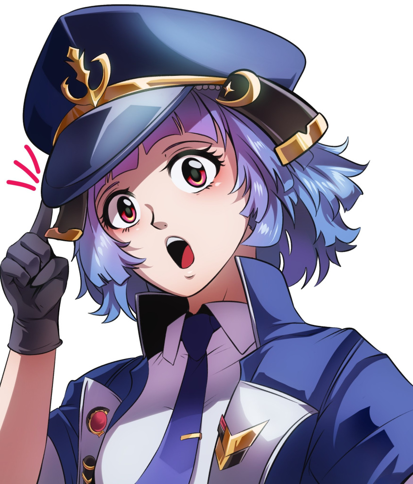 anchor_symbol black_gloves blue_hair blue_jacket blue_necktie finger_on_hat gloves hai_quy hat highres hime_cut jacket magical_girl magicalgirlhaiquy military_hat necktie open_mouth red_eyes short_hair virtual_youtuber wanderer_office white_background