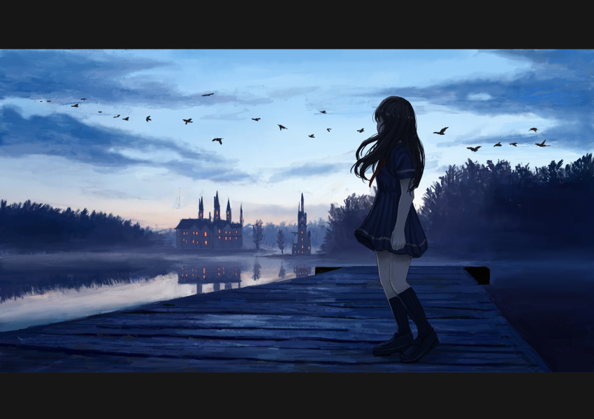 1girl absurdres ame_sagari bird black_bird black_footwear black_hair black_socks blue_serafuku blue_shirt blue_skirt blue_sky blue_sleeves boardwalk castle cloud comiket_92 commentary_request flock full_body highres kneehighs lake letterboxed long_hair looking_afar miniskirt original outdoors pleated_skirt scenery school_uniform serafuku shirt shoes short_sleeves simple_bird skirt sky socks solo sunrise tree