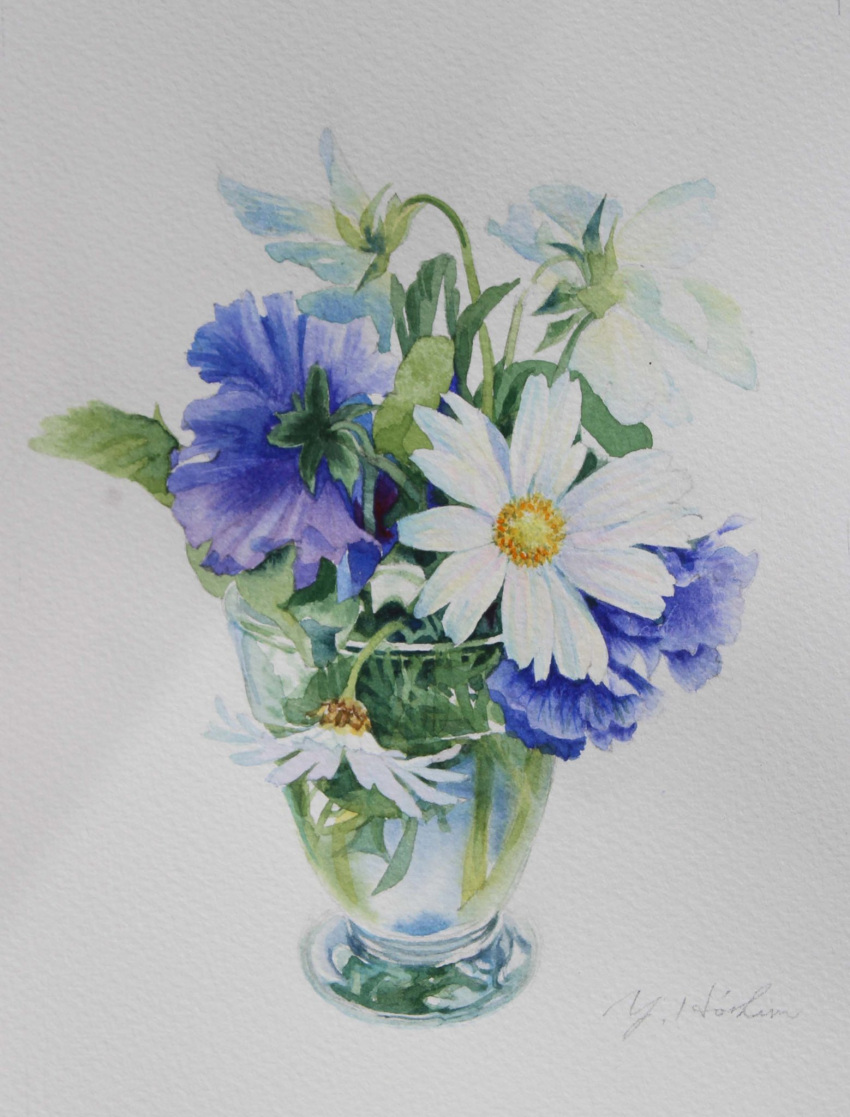 flower highres no_humans original painting_(medium) plant purple_flower signature still_life traditional_media vase water watercolor_(medium) white_flower yu_grassbird