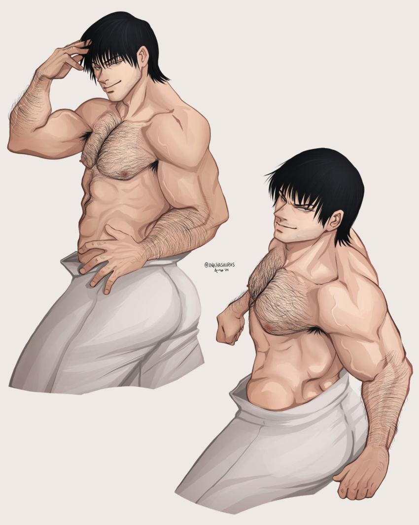 1boy abs alternate_body_hair alternate_facial_hair armpit_hair armpit_hair_peek ass bara cropped_legs from_side fushiguro_touji hairy hand_in_own_hair highres inkhashiras jujutsu_kaisen large_pectorals looking_at_viewer male_focus mature_male muscular muscular_male navel navel_hair nipples pants pectorals scar scar_on_face scar_on_mouth seductive_smile short_hair simple_background smile sparse_stubble standing thick_arm_hair thick_chest_hair thick_thighs thighs topless_male turning_around walking