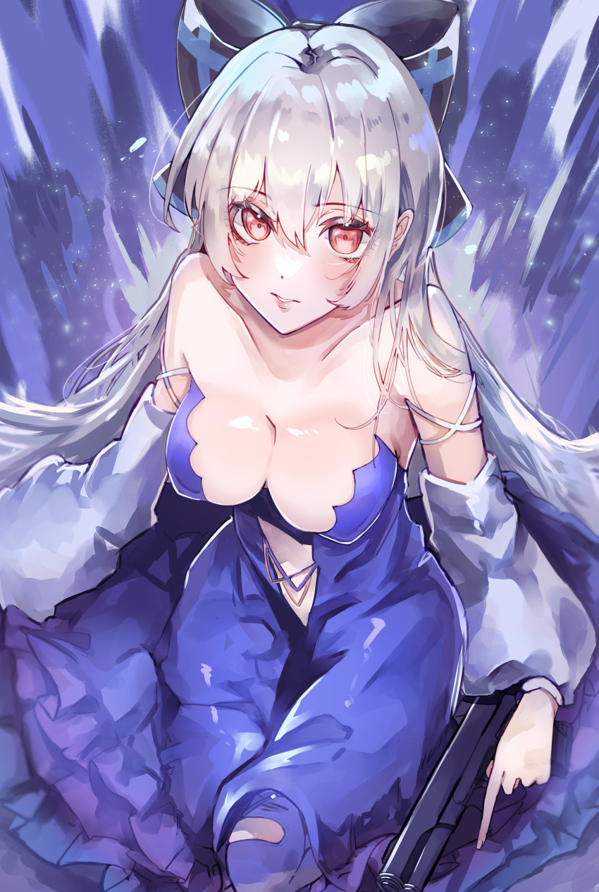 1girl 2girls absurdres asakura_shion blue_dress bow breasts cleavage collarbone commission detached_sleeves dot_nose dress eyelashes girls'_frontline grey_hair gun hair_between_eyes hair_bow handgun highres holding long_hair looking_at_viewer looking_up medium_breasts mixed-language_commentary multiple_girls parted_lips red_eyes sidelocks sitting skeb_commission solo strapless strapless_dress tokarev_(girls'_frontline) very_long_hair weapon