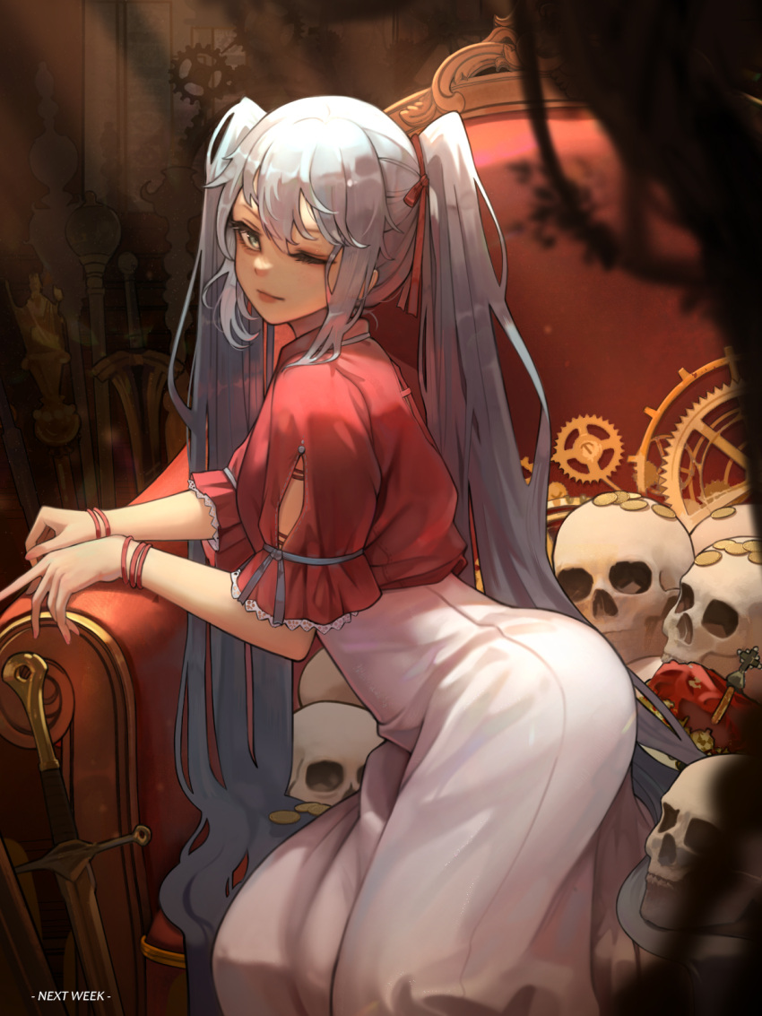1girl artist_name ass blue_hair bracelet chair commentary dress from_side gears grey_eyes grey_hair hair_between_eyes hair_ribbon hatsune_miku highres indoors jewelry light_rays lips looking_at_viewer one_eye_closed pile_of_skulls pink_nails red_ribbon red_shirt ribbon shirt sidelocks sitting solo sword throne vocaloid weapon white_dress yuu_(xyz)