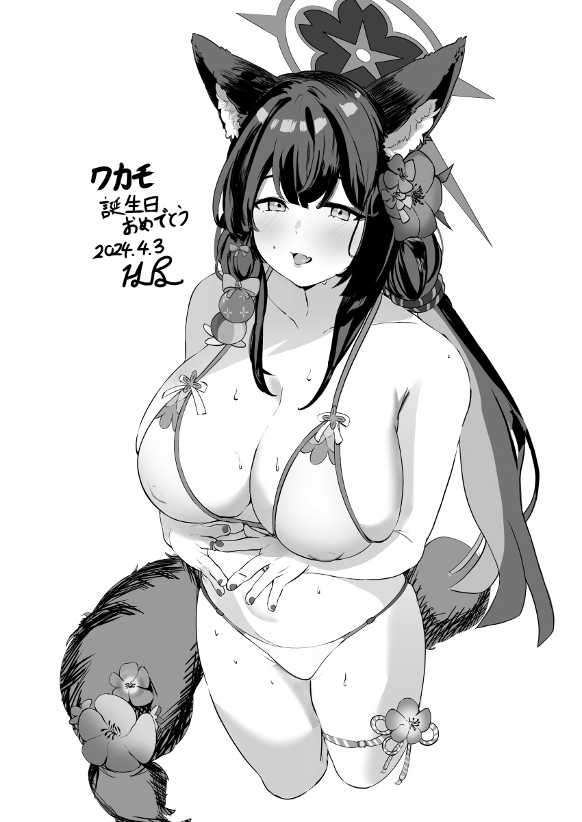 1girl absurdres animal_ear_fluff animal_ears bare_arms bare_legs bare_shoulders bikini blue_archive blush breasts cleavage collarbone cowboy_shot cropped_legs dated fang fingernails fox_ears fox_tail greyscale halo highres horin large_breasts long_hair monochrome nail_polish official_alternate_costume open_mouth simple_background skin_fang solo swimsuit tail tongue tongue_out wakamo_(blue_archive) wakamo_(swimsuit)_(blue_archive) white_background