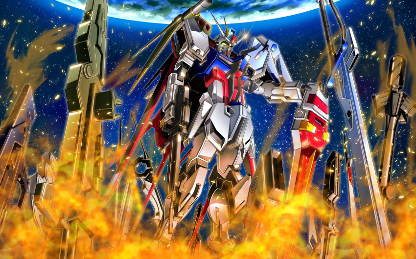 bazooka_(gundam) beam_cannon beam_rifle energy_gun fire gatling_gun glowing gun gundam gundam_seed highres holding holding_gun holding_shield holding_weapon katana mecha mechanical_wings mobile_suit no_humans perfect_strike_gundam robot science_fiction shield shimashun solo strike_gundam sword v-fin weapon wings yellow_eyes