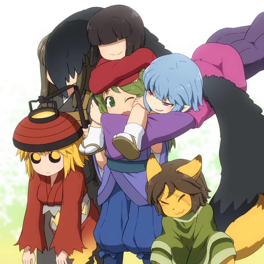 1boy 5girls :3 animal_ears black_hair black_wings blonde_hair blue_hair blue_pants blunt_bangs blush bob_cut brown_footwear brown_hair carrying chouchin_obake closed_mouth commentary_request expressionless feathered_wings feet_out_of_frame fox_ears fox_girl fox_tail ghost_tail green_eyes green_hair green_kimono highres hollow_eyes hug japanese_clothes kimono kitsune long_hair looking_at_another looking_to_the_side medium_hair multiple_girls open_mouth original pants piggyback pointy_ears purple_shirt red_kimono sandals shirosato shirt short_hair smile socks tabi tail walking white_socks wings zouri