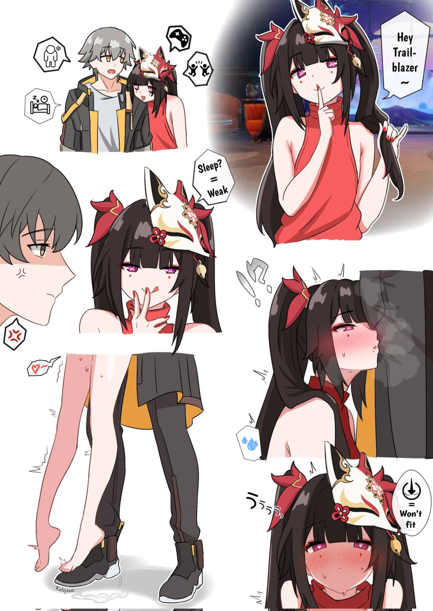 !? 1boy 1girl alternate_costume anger_vein artist_name barefoot black_hair blush bow caelus_(honkai:_star_rail) english_text fox_mask grey_hair hair_bow hair_ribbon half-closed_eyes hanging_legs heart heart-shaped_pupils hetero highres honkai:_star_rail honkai_(series) hood hood_down hooded_jacket implied_sex jacket kulo_jawa licking_lips long_hair mask mole mole_under_each_eye mole_under_eye multiple_moles nose_blush pants pink_eyes red_bow ribbon short_hair sidelocks smelling smug sparkle_(honkai:_star_rail) spoken_anger_vein spoken_heart suggestive_fluid symbol-shaped_pupils tongue tongue_out trailblazer_(honkai:_star_rail) turtleneck twintails yellow_eyes