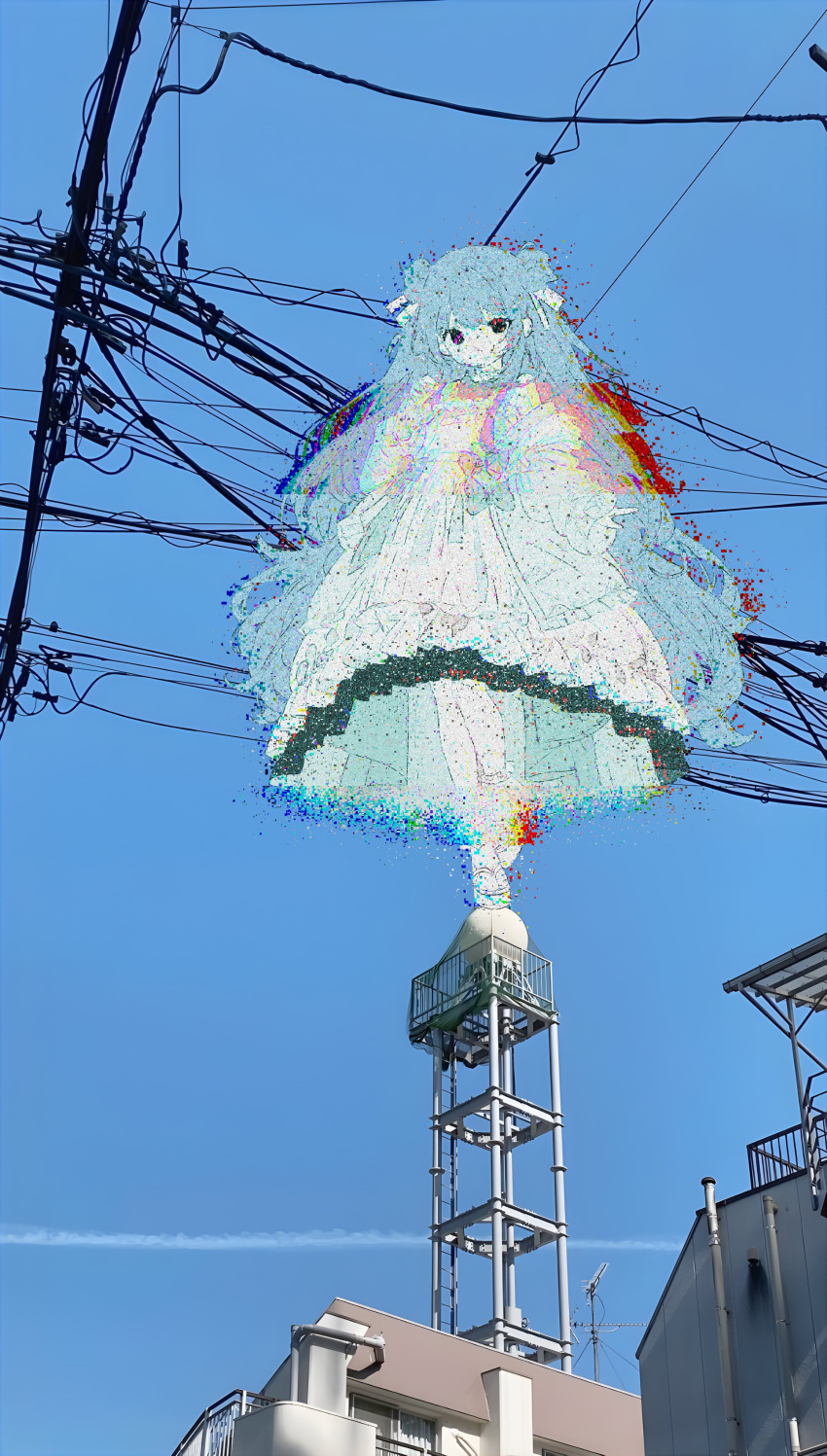 1girl absurdres black_eyes blue_hair blue_sky day dress empty_eyes full_body glitch grey_dress highres long_hair looking_at_viewer mochu_(aoishikabane) original outdoors photo_background power_lines sky solo standing standing_on_one_leg utility_pole very_long_hair