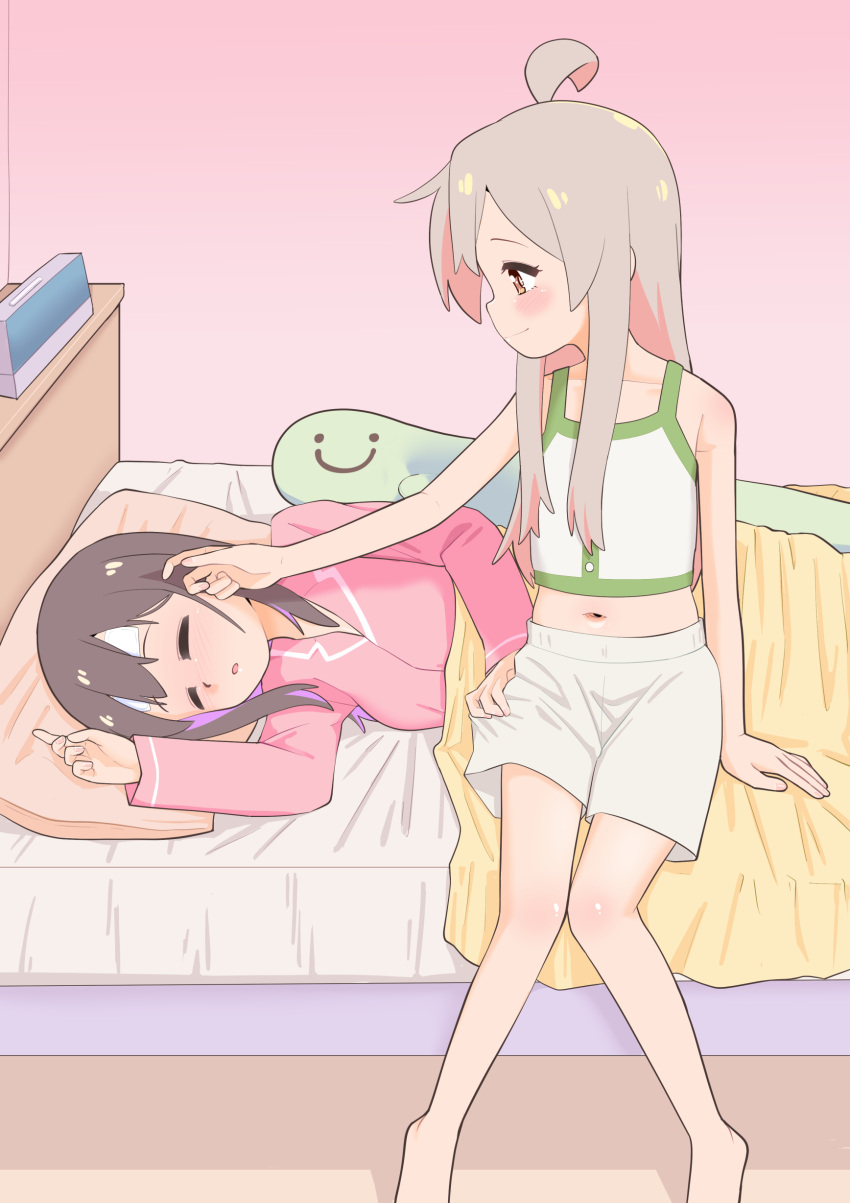 2girls absurdres ahoge bare_arms bare_legs bare_shoulders barefoot bed black_hair blush c: closed_eyes colored_inner_hair commentary feet_out_of_frame grey_hair hair_down hand_in_another's_hair happyundergate highres indoors knees_together_feet_apart long_hair long_sleeves looking_at_another lying midriff multicolored_hair multiple_girls navel on_bed on_side onii-chan_wa_oshimai! open_mouth oyama_mahiro oyama_mihari pajamas pillow pink_hair pink_pajamas purple_hair shorts siblings sick sidelocks sisters sitting sleeping smile stuffed_toy two-tone_hair white_shorts