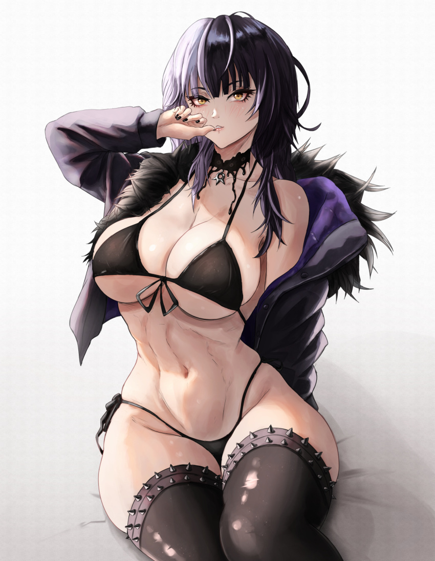 1girl absurdres bikini biting black_bikini black_hair black_jacket black_nails black_thighhighs breasts cleavage english_commentary front-tie_top fur-trimmed_jacket fur_trim grey_hair highleg highleg_bikini highres hololive hololive_english jacket large_breasts long_hair looking_at_viewer lordmagnuss multicolored_hair nail_biting navel open_clothes open_jacket shiori_novella side-tie_bikini_bottom simple_background sitting solo spiked_legwear split-color_hair swimsuit thighhighs toned virtual_youtuber yellow_eyes