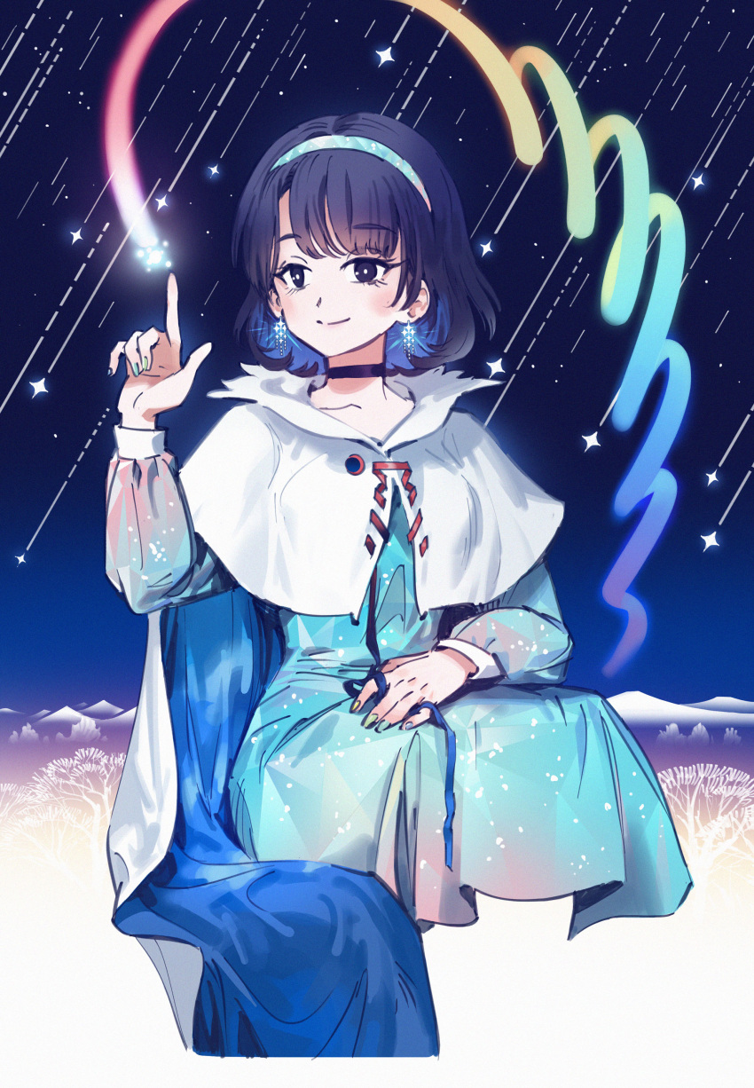 1girl absurdres blue_cape blue_choker blue_dress blue_hair blue_ribbon cape capelet choker closed_mouth collarbone dress highres long_sleeves momijigari night pointy_ears puffy_sleeves ribbon shooting_star short_hair sitting smile solo tenkyuu_chimata touhou white_cape white_capelet