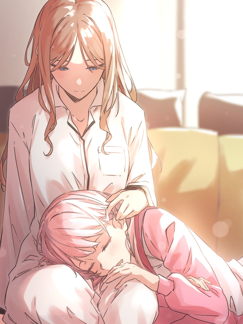 2girls bang_dream! bang_dream!_it's_mygo!!!!! blue_eyes blush brown_hair chihaya_anon closed_mouth collared_shirt commentary drooling english_commentary highres lap_pillow long_hair mouth_drool multiple_girls nagasaki_soyo pajamas pink_hair pink_shirt shirt sidelocks sleeping sou_(user_hgyh8775) tucking_hair white_shirt yuri