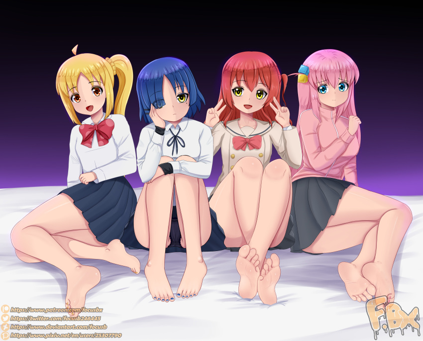 4girls absurdres ahoge artist_name barefoot black_ribbon blonde_hair blue_eyes blue_hair blue_nails blue_skirt bocchi_the_rock! bored bow braid brown_cardigan cardigan closed_mouth commentary double_v english_commentary english_text focus_bx gotoh_hitori grey_skirt hair_ornament hair_over_one_eye hand_on_own_cheek hand_on_own_face highres ijichi_nijika jacket kita_ikuyo long_hair multiple_girls open_mouth orange_eyes pink_hair pink_jacket pleated_skirt red_bow red_hair ribbon shirt short_hair skirt v white_shirt yamada_ryo yellow_eyes zipper