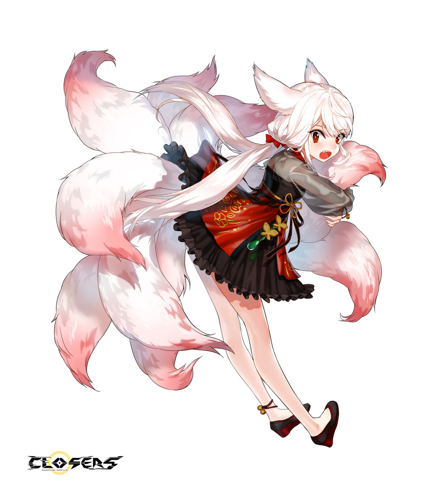 1girl :o alternate_hair_color animal_ears ankle_bell black_dress black_footwear bow cleavage_cutout closers clothing_cutout copyright_name dress fox_ears fox_girl fox_tail frilled_dress frills from_side full_body hair_bow high_heels highres hugging_own_tail hugging_tail kitsune kyuubi layered_dress leaning_forward long_hair long_sleeves looking_at_viewer looking_to_the_side low_twintails multiple_tails official_art open_mouth pink_tail red_bow red_dress red_eyes see-through see-through_sleeves seth_(closers) sharp_teeth solo standing tachi-e tail teeth twintails two-tone_dress very_long_hair wedge_heels white_background white_hair