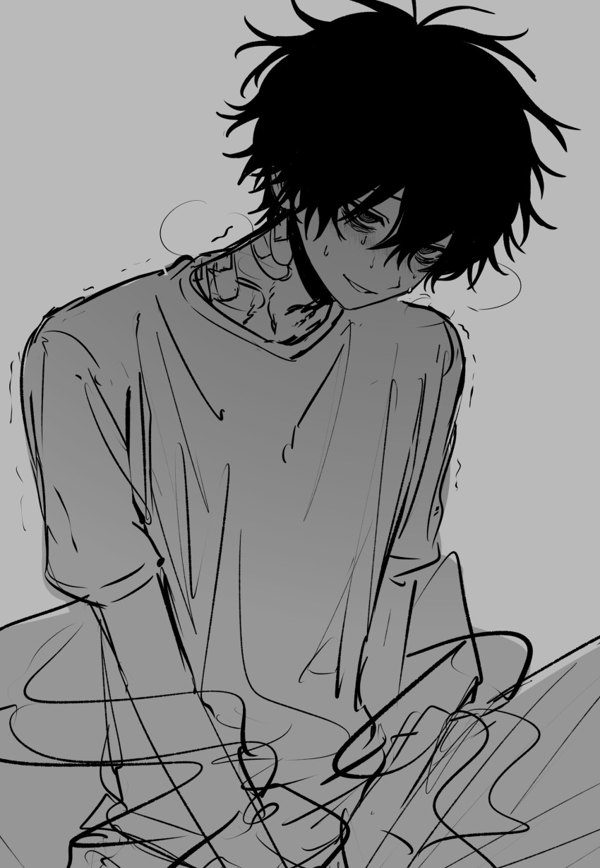 1boy absurdres bags_under_eyes bandaid bandaid_on_neck blush commentary greyscale hair_between_eyes highres imai_akira male_focus messy_hair monochrome original pants shirt short_sleeves simple_background sketch solo sweat symbol-only_commentary trembling