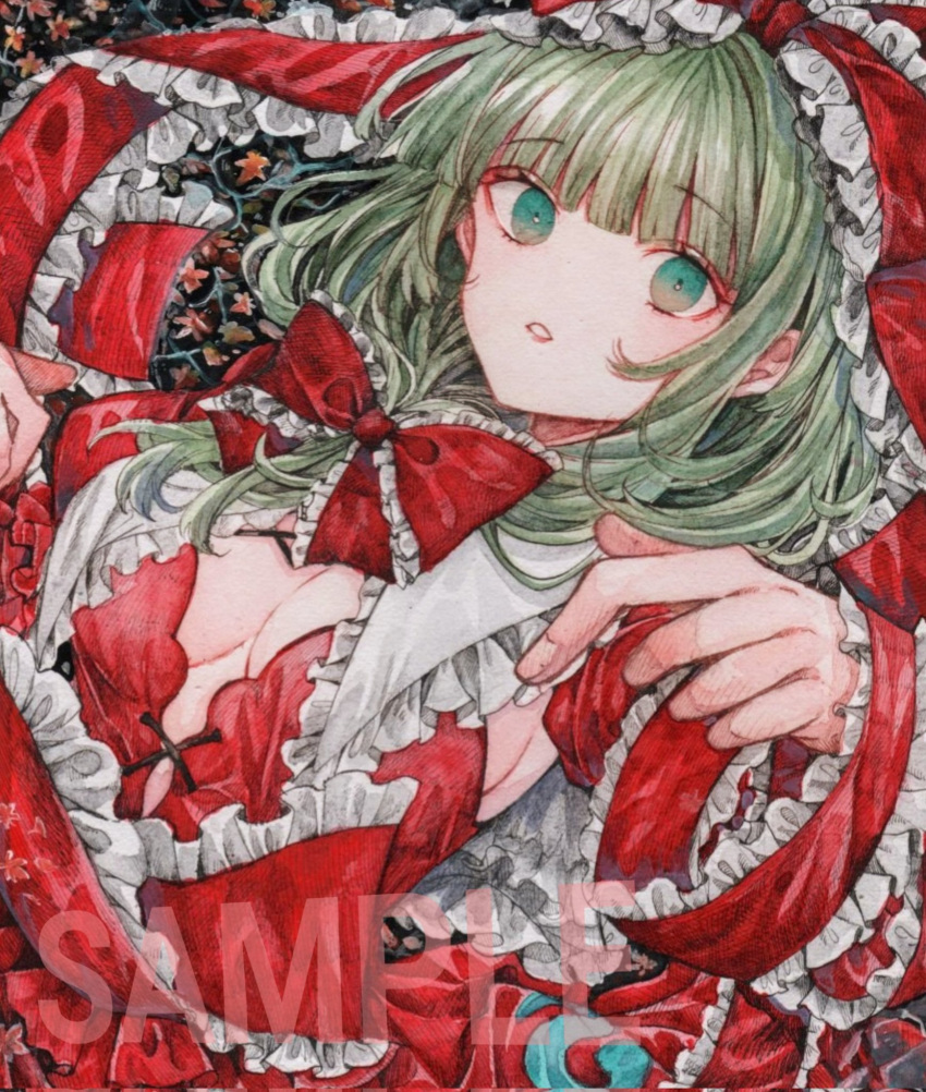 1girl arm_ribbon blunt_bangs bow breasts cleavage commentary_request dress frilled_bow frilled_ribbon frills front_ponytail green_eyes green_hair hair_bow hair_ribbon hands_up highres kagiyama_hina long_hair looking_at_viewer monji_(monzi328) parted_lips red_dress ribbon sample_watermark solo too_many too_many_frills touhou traditional_media upper_body watermark