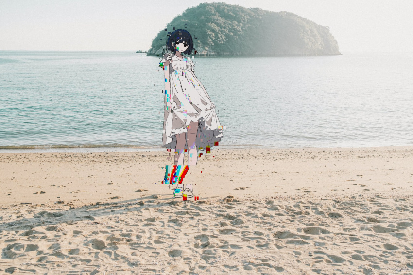 1girl beach black_eyes black_hair closed_mouth commentary_request day dot_mouth dress empty_eyes full_body glitch highres looking_at_viewer mochu_(aoishikabane) original outdoors photo_background sand shore short_hair short_sleeves solo standing water white_dress wide_shot