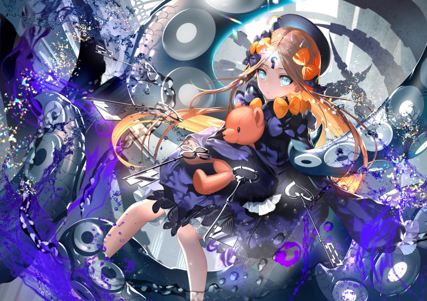 1girl abigail_williams_(fate/grand_order) bangs black_bow black_dress black_headwear blonde_hair bloomers blue_eyes bow bug butterfly commentary_request dress fate/grand_order fate_(series) glowing hair_bow hat highres insect key keyhole long_hair long_sleeves looking_at_viewer object_hug orange_bow parted_bangs parted_lips sleeves_past_fingers sleeves_past_wrists solo stuffed_animal stuffed_toy suction_cups teddy_bear tentacles tsukimoto_aoi underwear very_long_hair white_bloomers