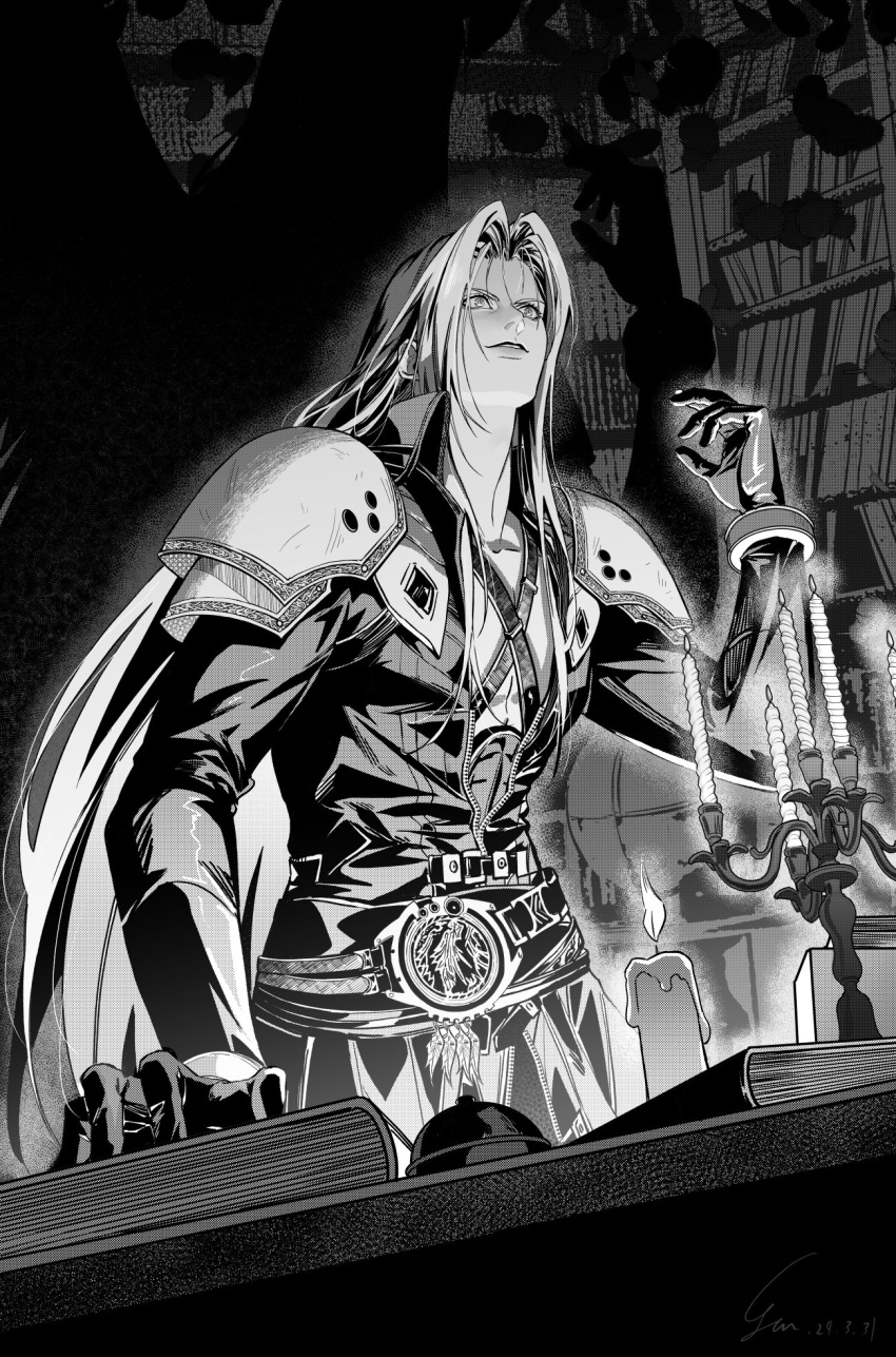 1boy arm_up armor belt book bookshelf candlelight chest_strap coat commentary_request evil_smile final_fantasy final_fantasy_vii final_fantasy_vii_rebirth final_fantasy_vii_remake gloves greyscale highres indoors long_hair long_sleeves male_focus monochrome parted_bangs parted_lips popped_collar sephiroth shoulder_armor smile solo very_long_hair yan_river