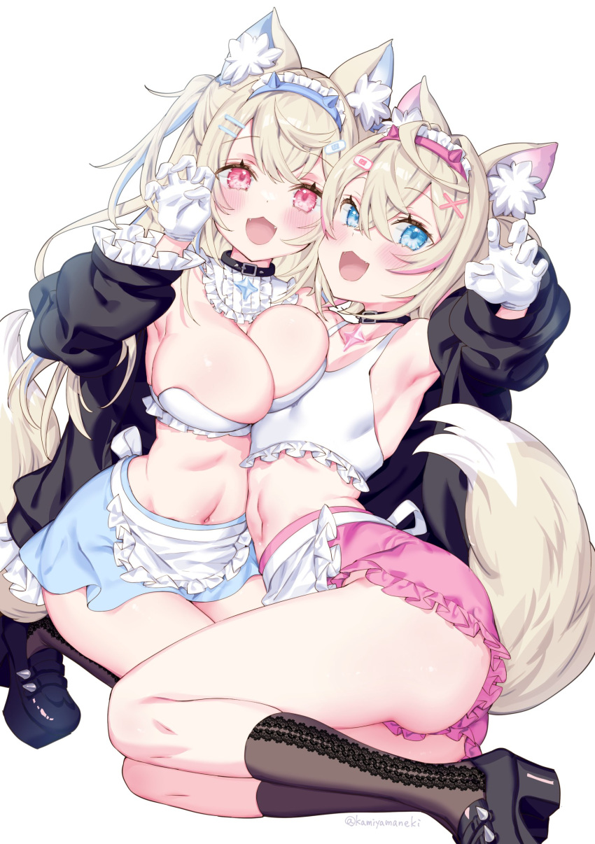 2girls absurdres animal_ear_fluff animal_ears bandaid bandaid_hair_ornament belt belt_collar black_collar blonde_hair blue_eyes blue_hair breasts cleavage collar colored_inner_animal_ears dog_ears dog_girl dog_tail frilled_shorts frills fuwawa_abyssgard hair_ornament hairband headband highres hololive hololive_english horn_hairband kamiya_maneki large_breasts long_hair looking_at_viewer mococo_abyssgard multicolored_hair multiple_girls navel open_mouth pink_belt pink_eyes pink_hair pink_hairband pink_headband shorts siblings simple_background sisters streaked_hair tail thighs twins virtual_youtuber white_background x_hair_ornament