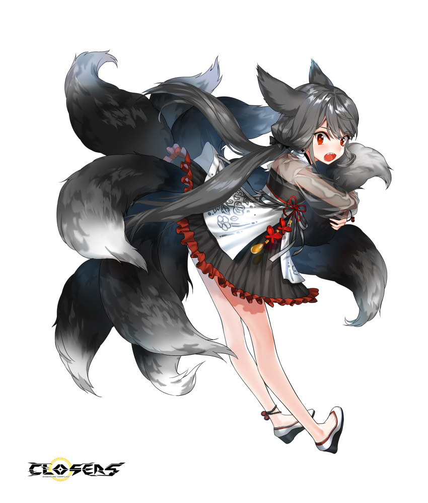 1girl :o alternate_hair_color animal_ears ankle_bell black_bow black_dress black_footwear black_hair black_sleeves black_tail bow cleavage_cutout closers clothing_cutout copyright_name dress fox_ears fox_girl fox_tail frilled_dress frills from_side full_body hair_bow high_heels highres hugging_own_tail hugging_tail kitsune kyuubi layered_dress leaning_forward long_hair long_sleeves looking_at_viewer looking_to_the_side low_twintails multiple_tails official_art open_mouth red_eyes see-through see-through_sleeves seth_(closers) sharp_teeth solo standing tachi-e tail teeth twintails two-tone_dress very_long_hair wedge_heels white_background white_dress