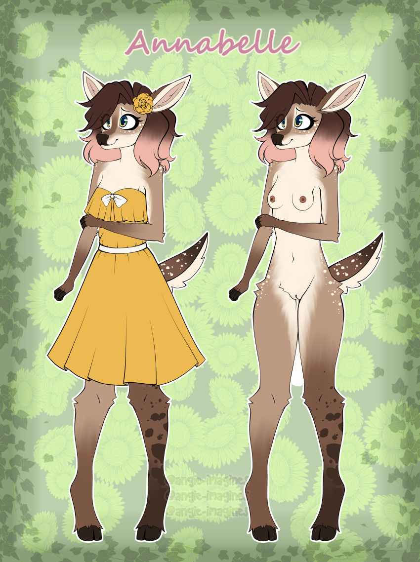 absurd_res accessory angie_imagines annabelle_(angie_imagines) anthro arm_tuft breasts clothed clothing deer dress elbow_tuft fan_character female flower flower_in_hair fluffy fluffy_tail freckles green_eyes hair hair_accessory hi_res highlights_(coloring) mammal model_sheet nipple_piercing nipples nude piercing pink_nipples plant shy size_difference slim small_breasts smaller_female solo speckled_body sundress tail tuft unguligrade unguligrade_anthro