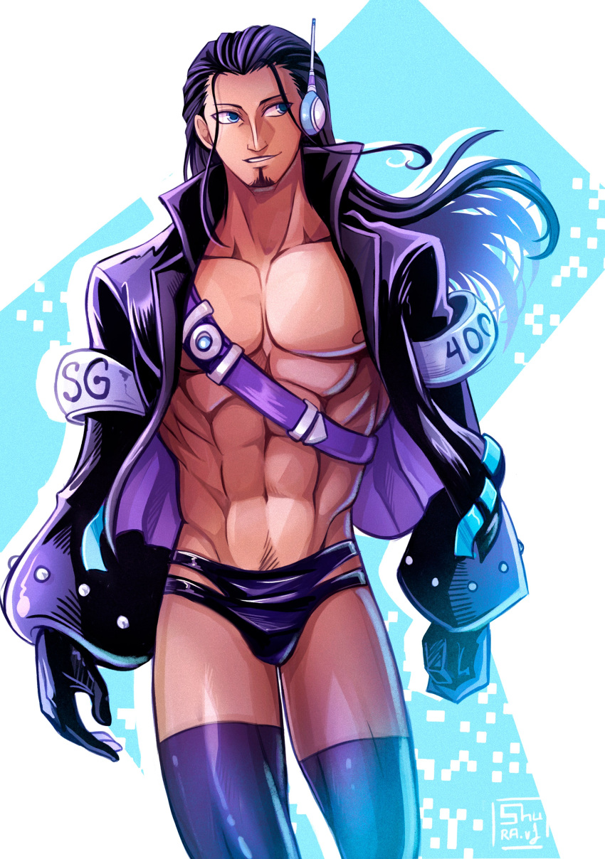 1boy abs absurdres aquiline_nose bare_pectorals black_hair bulge cowboy_shot facial_hair genderswap genderswap_(ftm) goatee headphones highres long_hair male_focus navel nico_robin nipples one_piece pectorals purple_thighhighs shuravf simple_background smile solo standing stomach thighhighs thighs toned toned_male v-taper walking