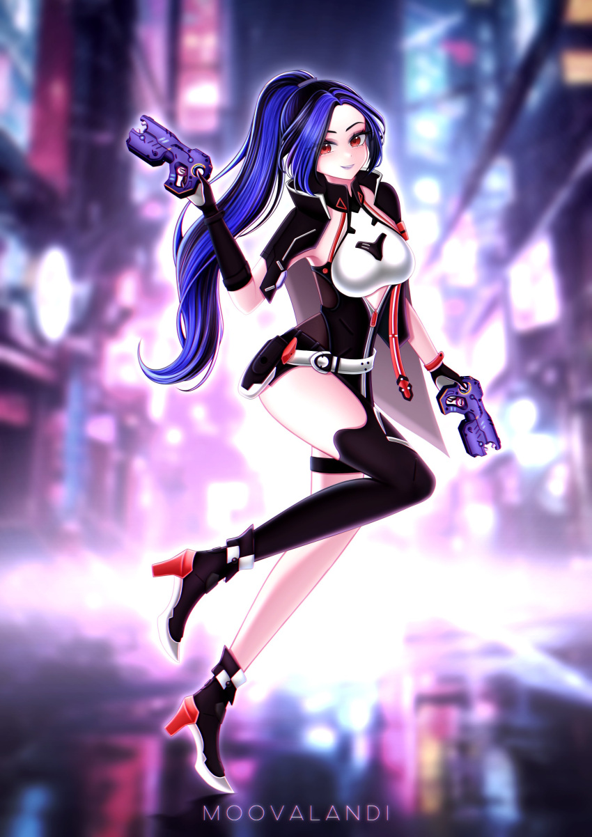 1girl absurdres asymmetrical_gloves black_hair blue_hair breasts floating floating_object floating_weapon gloves gun handgun highres honkai_(series) honkai_impact_3rd jacket kiana_kaslana long_hair moovalandi multicolored_hair official_alternate_costume original ponytail red_eyes red_footwear thighhighs weapon