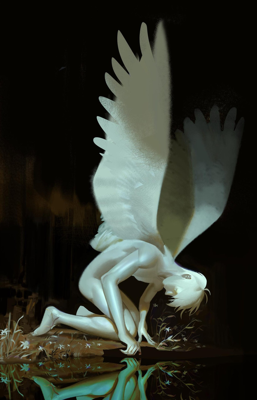 1boy angel_wings black_background colored_skin commentary english_commentary feathered_wings flower full_body highres kneeling looking_down male_focus nude original reflection short_hair solo spread_wings water white_hair white_skin wings yawningyawns