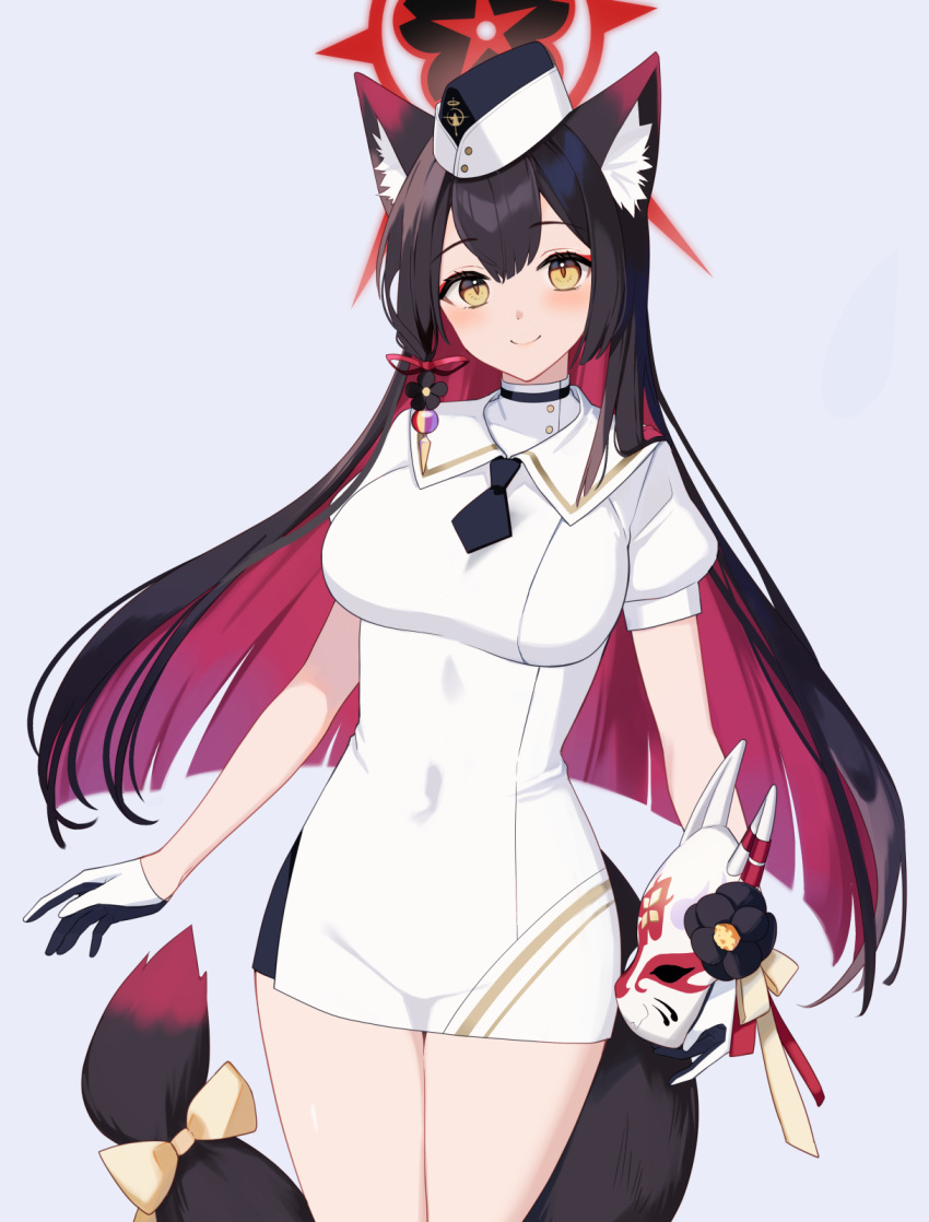 1girl animal_ear_fluff animal_ears black_gloves black_hair blue_archive blush breasts closed_mouth colored_inner_hair cowboy_shot dress fox_ears fox_mask fox_tail garrison_cap gloves halo hat highres holding holding_mask ichinomiya_(blantte) large_breasts long_hair mask multicolored_hair red_hair red_halo short_sleeves smile solo tail two-tone_gloves utnapishtim_operator_uniform_(blue_archive) wakamo_(blue_archive) white_dress white_gloves yellow_eyes