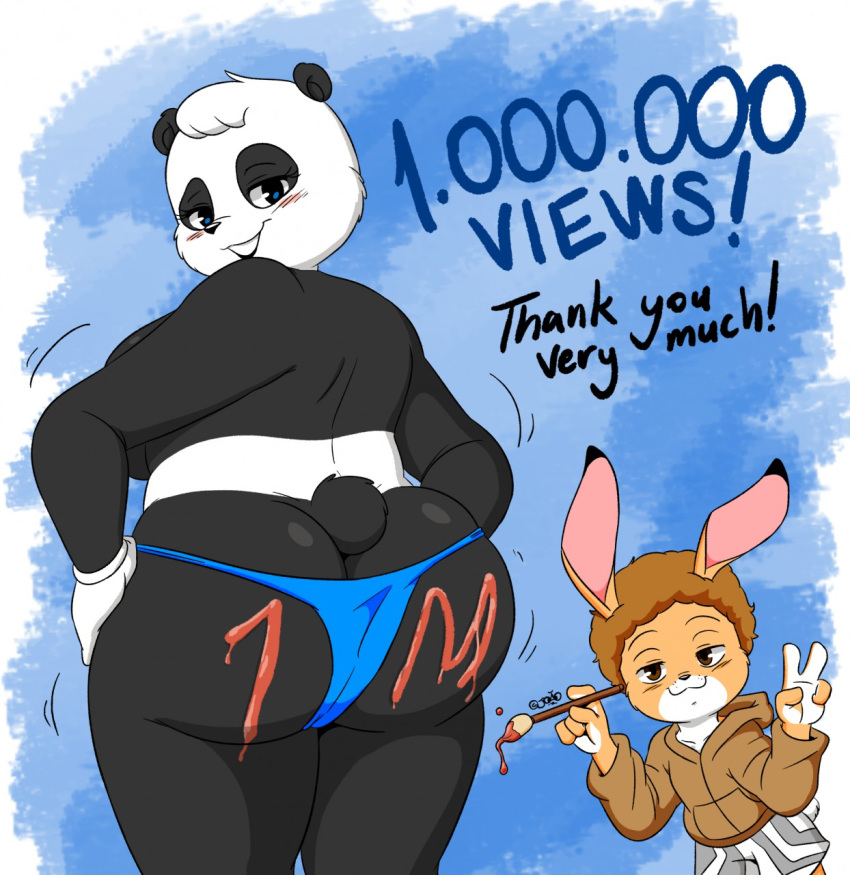 2019 anthro big_butt blue_eyes brush butt clothed clothing digital_media_(artwork) english_text eyelashes female fur giant_panda gloves grin hair hi_res joaoppereiraus lagomorph leporid male mammal multicolored_fur panties partially_clothed rabbit short_hair short_tail simple_background size_difference slightly_chubby smaller_male smile sueli_(character) text thick_thighs underwear ursid white_fur wide_hips