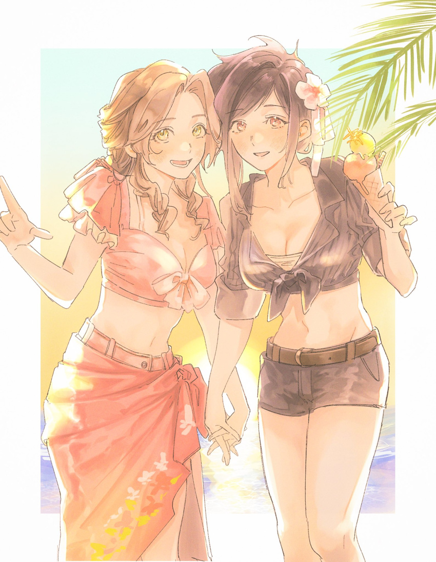 2girls aerith_gainsborough aerith_gainsborough_(floral_delight) belt_buckle breasts brown_eyes buckle cleavage drill_hair final_fantasy final_fantasy_vii final_fantasy_vii_rebirth final_fantasy_vii_remake flower food frilled_sleeves frills front-tie_top green_eyes gura_62 hair_flower hair_ornament highres holding_hands ice_cream ice_cream_cone interlocked_fingers long_skirt multiple_girls official_alternate_costume official_alternate_hairstyle pink_top shirt short_shorts shorts skirt smile striped_clothes striped_shirt tifa_lockhart tifa_lockhart_(majestic_glamour) twin_drills vertical-striped_clothes vertical-striped_shirt