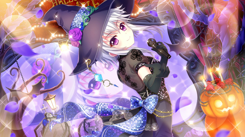 1girl back_bow bat_(animal) black_gloves black_hat blue_bow bow breasts closed_mouth concert dot_nose dutch_angle elbow_gloves film_grain fishnets flower from_side game_cg gloves grey_hair halloween hand_up holding holding_microphone ichijou_ruka idol idol_clothes index_finger_raised izumi_tsubasu jack-o'-lantern lantern large_bow leaf lens_flare looking_at_viewer microphone non-web_source official_art purple_eyes purple_flower purple_leaves purple_rose re:stage! rose screen sequins short_hair_with_long_locks small_breasts smile solo sparkle stage tombstone tree