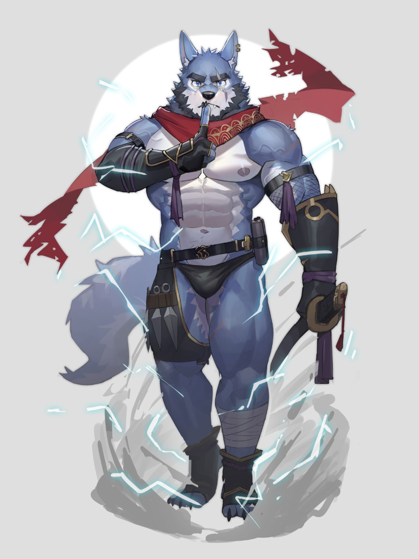 1boy abs animal_ears asymmetrical_clothes bara beard blue_fur bulge electricity electrokinesis facial_hair fang fang_out frown full_beard furry furry_male highres holding holding_sword holding_weapon huge_eyebrows kuji-in large_pectorals looking_at_viewer male_focus mature_male muscular muscular_male navel neumo ninja nipples original pectorals scarf short_hair single_pantsleg solo standing stomach sword tail thick_beard thick_thighs thighs two-tone_fur weapon wolf_boy wolf_ears wolf_tail