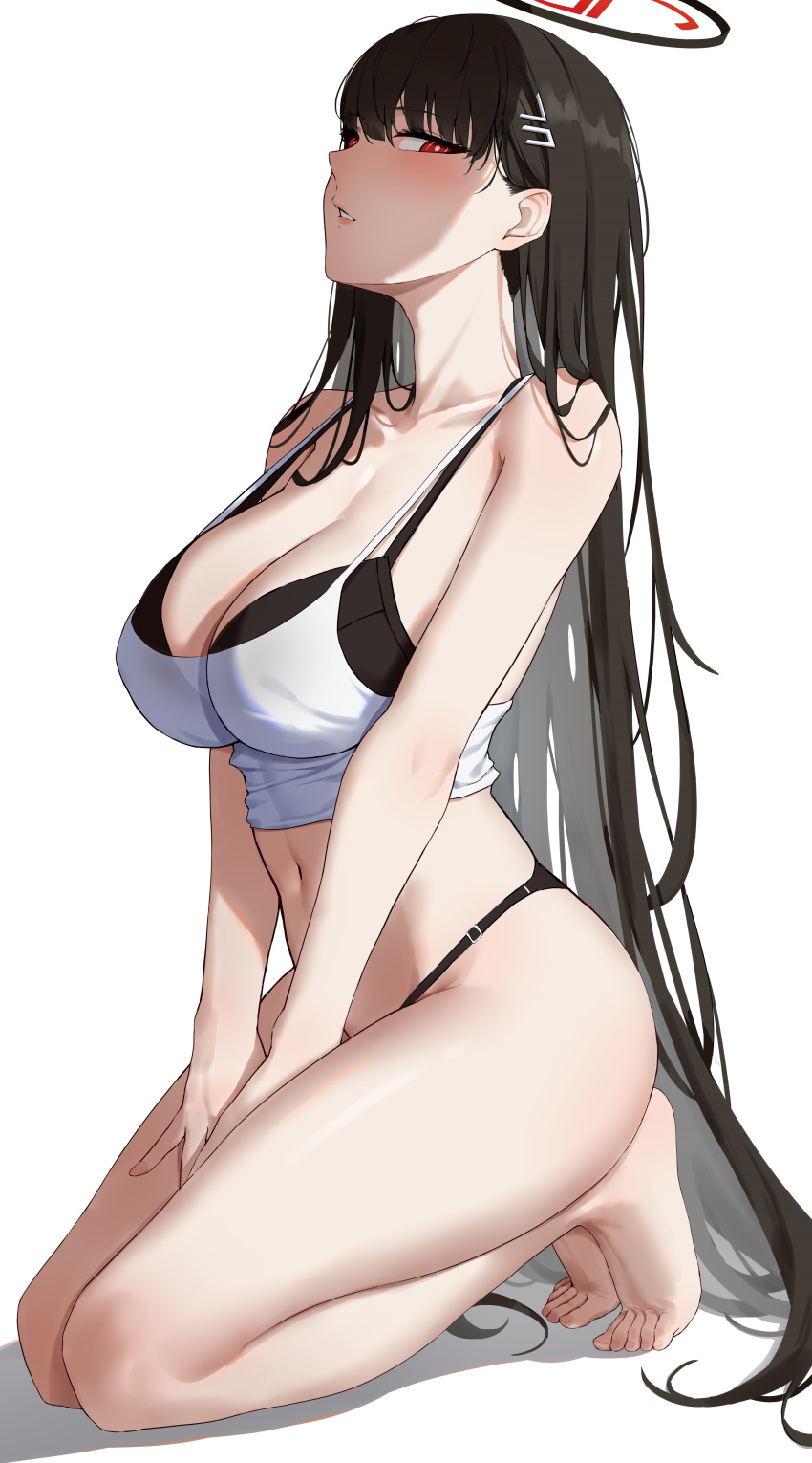 1girl absurdres bare_shoulders barefoot black_bra black_hair black_panties blue_archive blush bra breasts camisole cleavage collarbone hair_ornament hairclip halo highres kneeling large_breasts long_hair looking_at_viewer navel panties red_eyes rio_(blue_archive) solo underwear very_long_hair white_camisole yukiaka